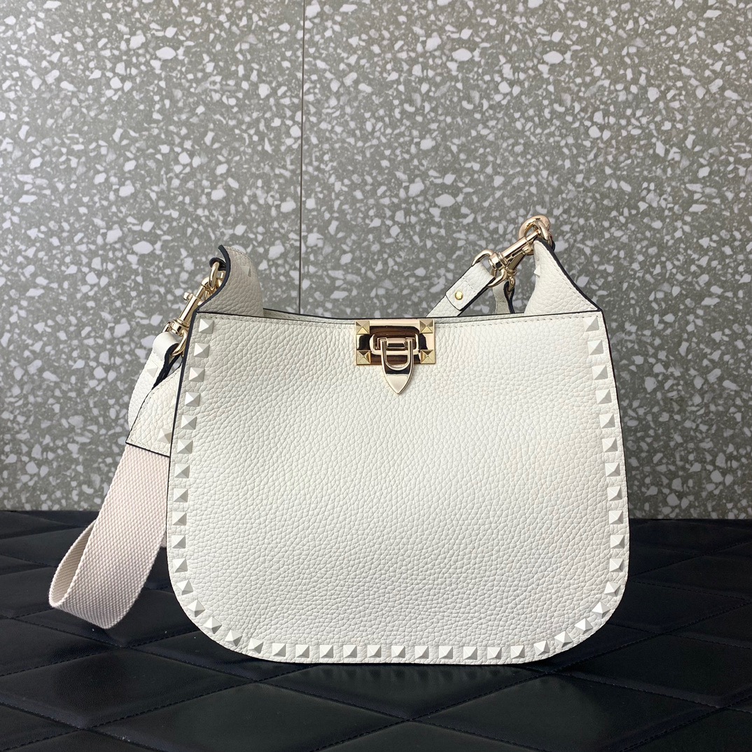 Valentino Garavani Rockstud Hobo Bag in Ivory Grainy Calfskin